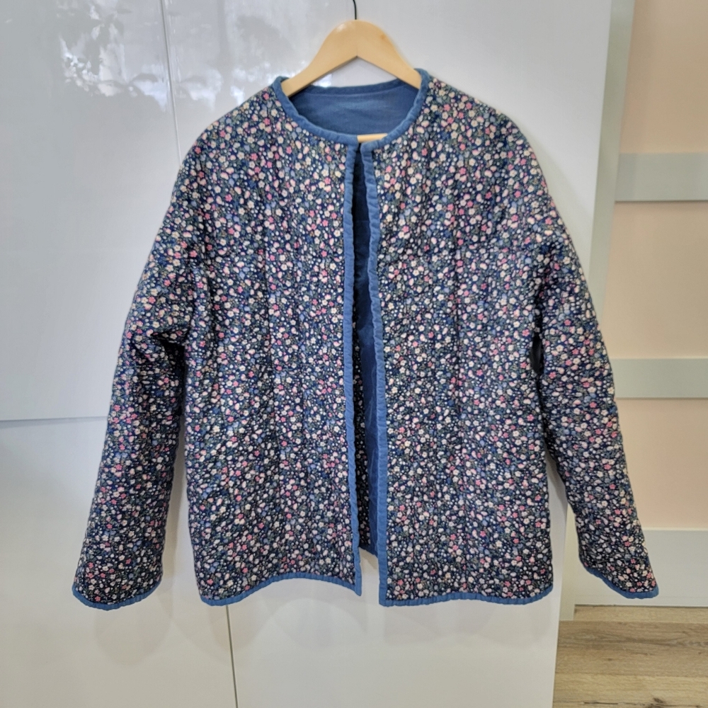 VTG Handmade Reversible Quilted Jacket Patchwork Corduroy Floral Blue Pink XXL - Picture 7 of 17